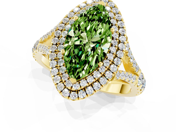 Yellow gold Double Halo Marquise Cut Peridot Pavé Split Shank Ring with Prong Setting