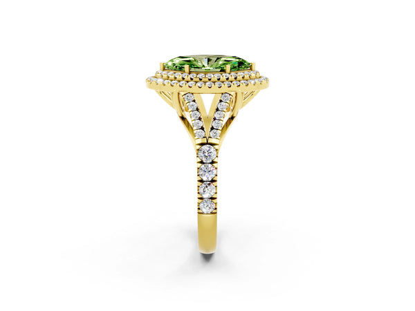 Yellow gold Double Halo Marquise Cut Peridot Pavé Split Shank Ring with Prong Setting
