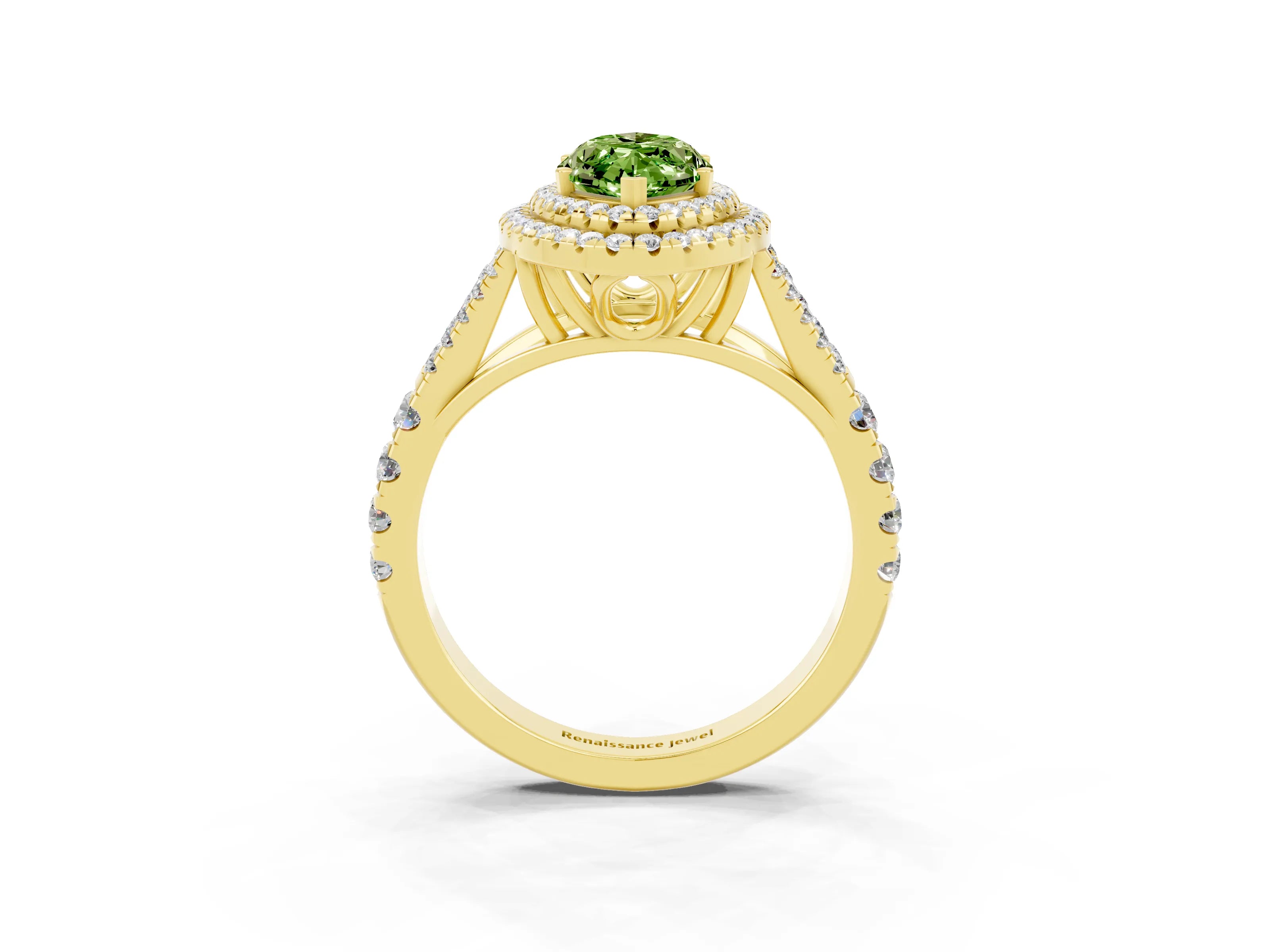 Yellow gold Double Halo Marquise Cut Peridot Pavé Split Shank Ring with Prong Setting_3