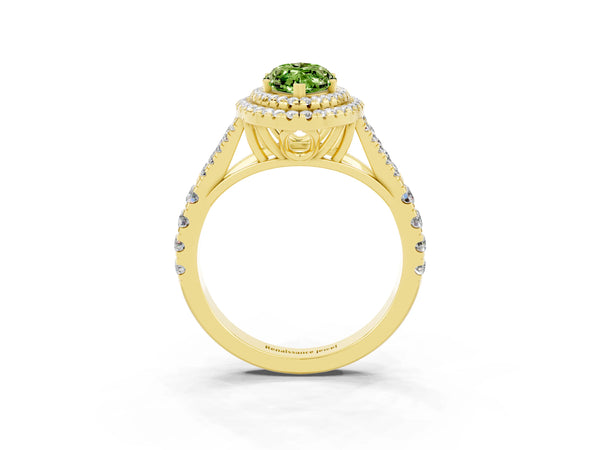 Yellow gold Double Halo Marquise Cut Peridot Pavé Split Shank Ring with Prong Setting