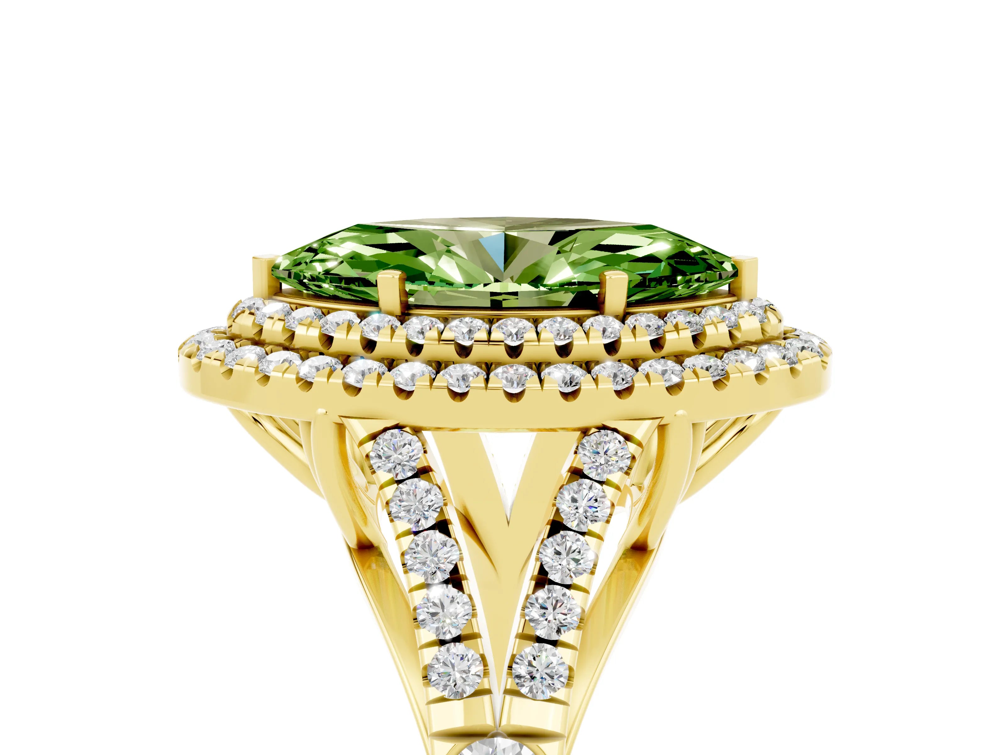 Yellow gold Double Halo Marquise Cut Peridot Pavé Split Shank Ring with Prong Setting_5