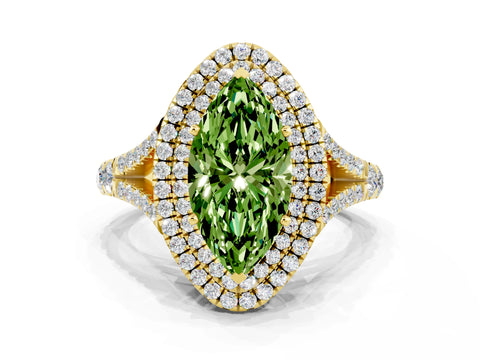 Yellow gold Double Halo Marquise Cut Peridot Pavé Split Shank Ring with Prong Setting