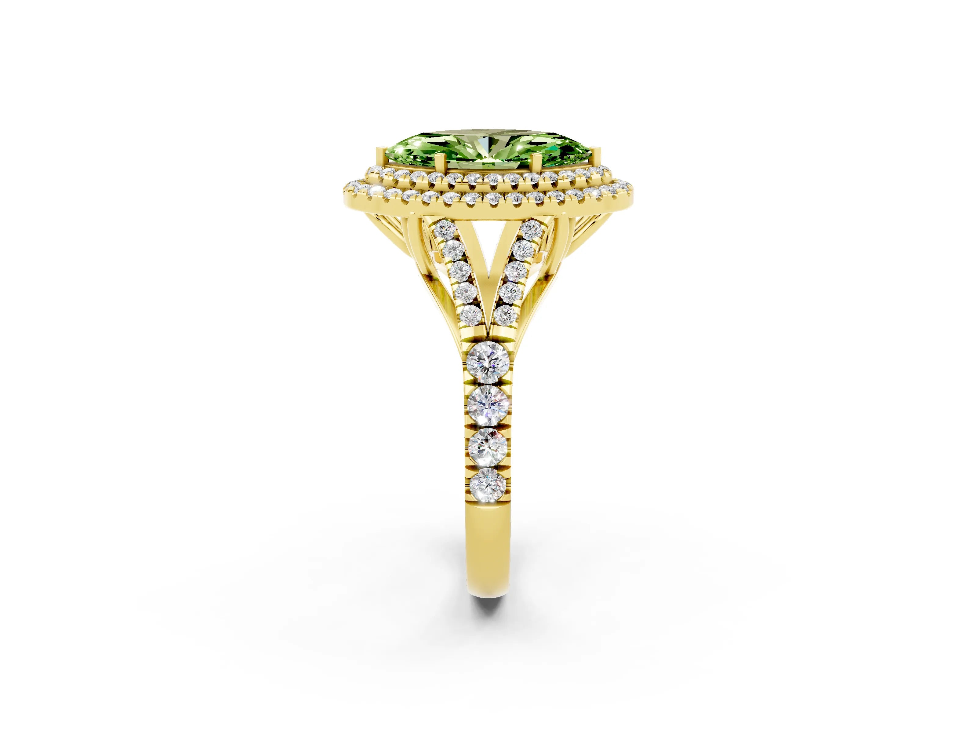 Yellow gold Double Halo Marquise Cut Peridot Split Shank Engagement Ring with Four-Prong Setting_2