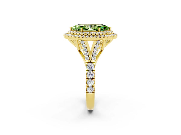 Yellow gold Double Halo Marquise Cut Peridot Split Shank Engagement Ring with Four-Prong Setting