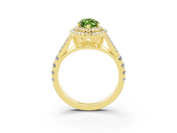 Yellow gold Double Halo Marquise Cut Peridot Split Shank Engagement Ring with Four-Prong Setting