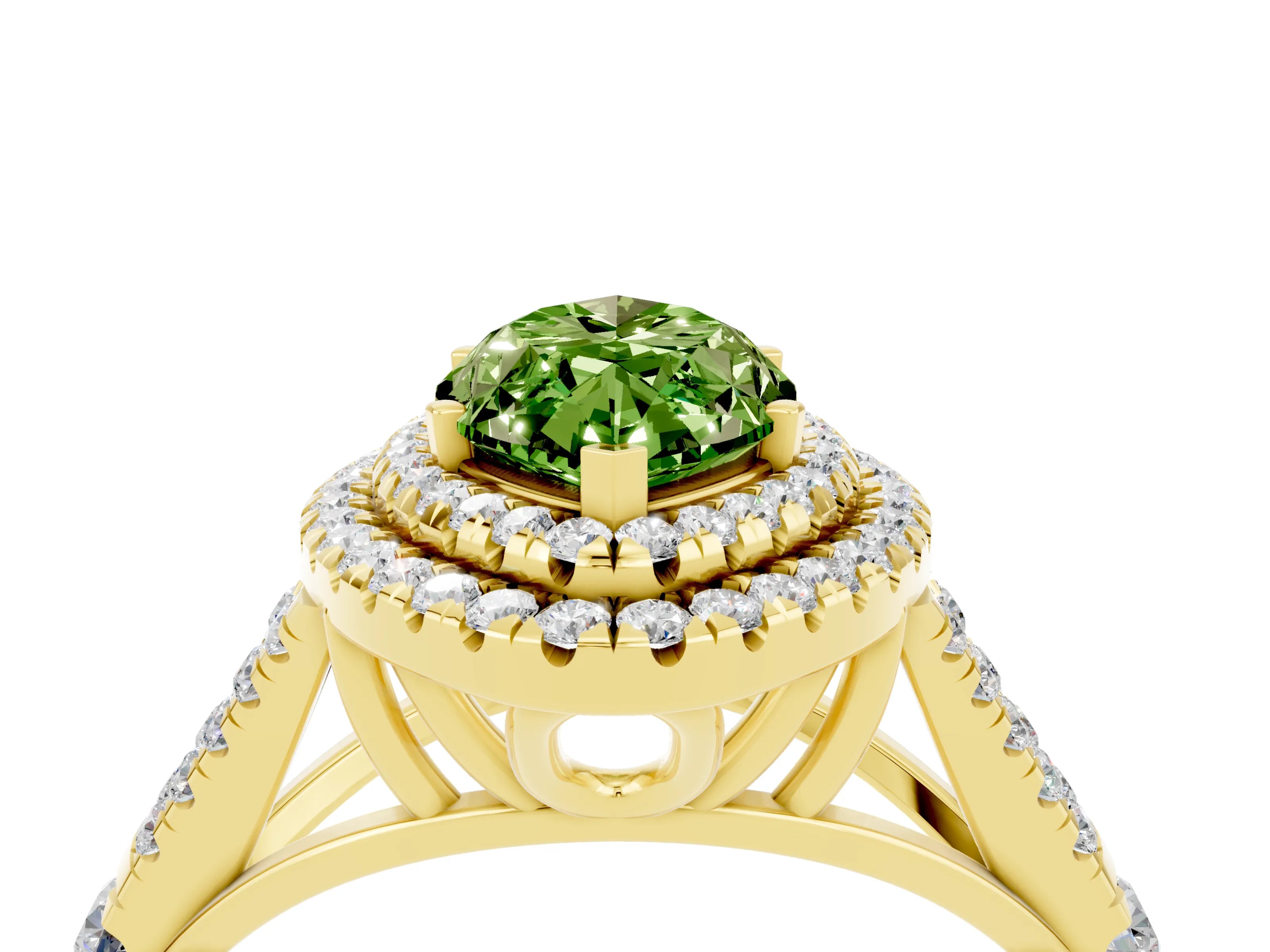 Yellow gold Double Halo Marquise Cut Peridot Split Shank Engagement Ring with Four-Prong Setting_4