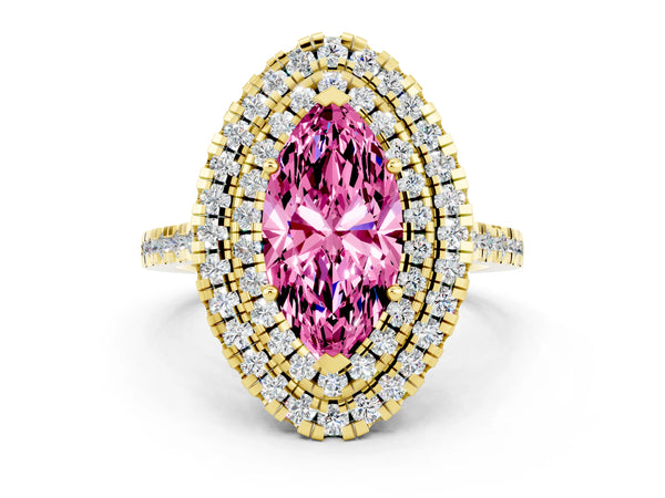 Yellow gold Double Halo Marquise Cut Pink Sapphire Pavé Band with Four-Prong Setting