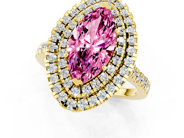 Yellow gold Double Halo Marquise Cut Pink Sapphire Pavé Band with Four-Prong Setting