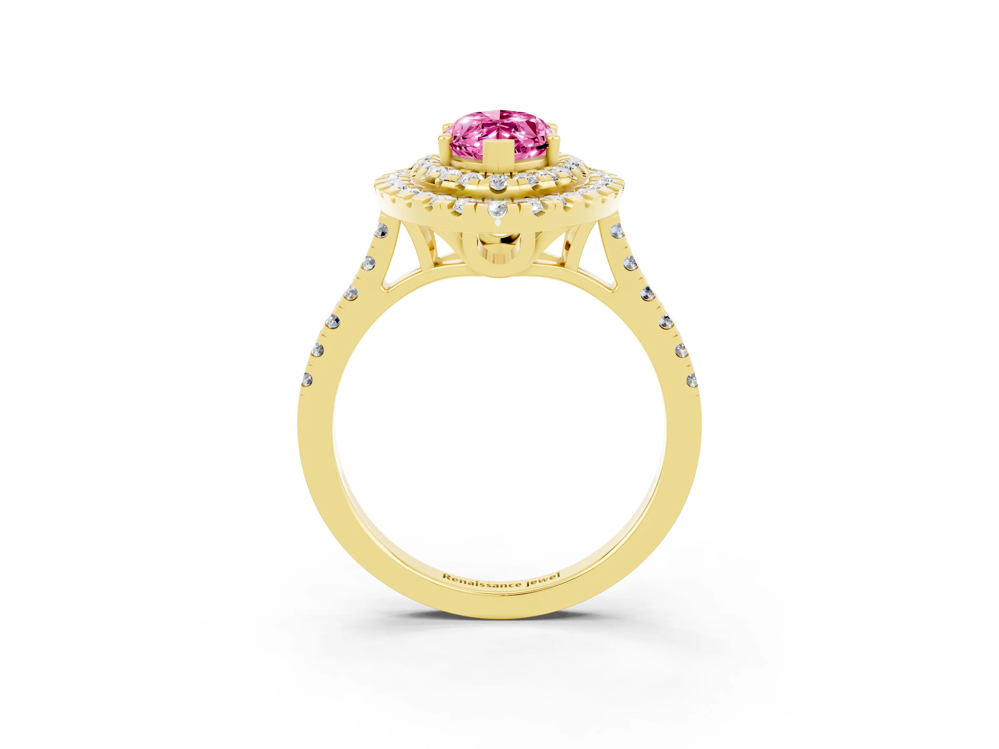 Yellow gold Double Halo Marquise Cut Pink Sapphire Pavé Band with Four-Prong Setting_27