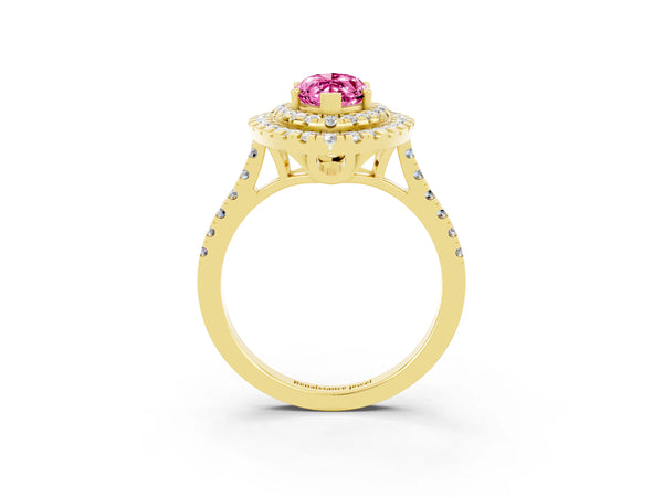 Yellow gold Double Halo Marquise Cut Pink Sapphire Pavé Band with Four-Prong Setting
