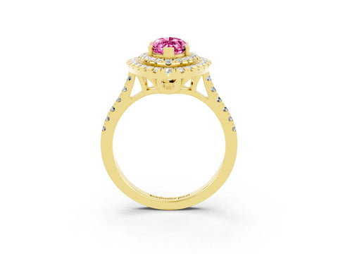Yellow gold Double Halo Marquise Cut Pink Sapphire Pavé Band with Four-Prong Setting_27