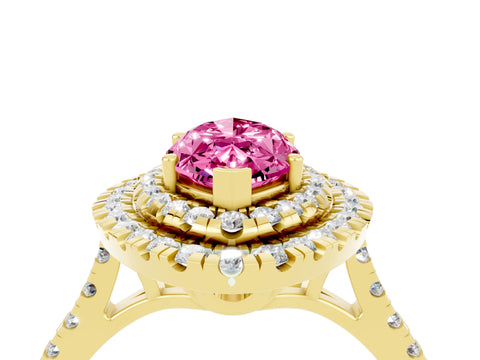 Yellow gold Double Halo Marquise Cut Pink Sapphire Pavé Band with Four-Prong Setting_28