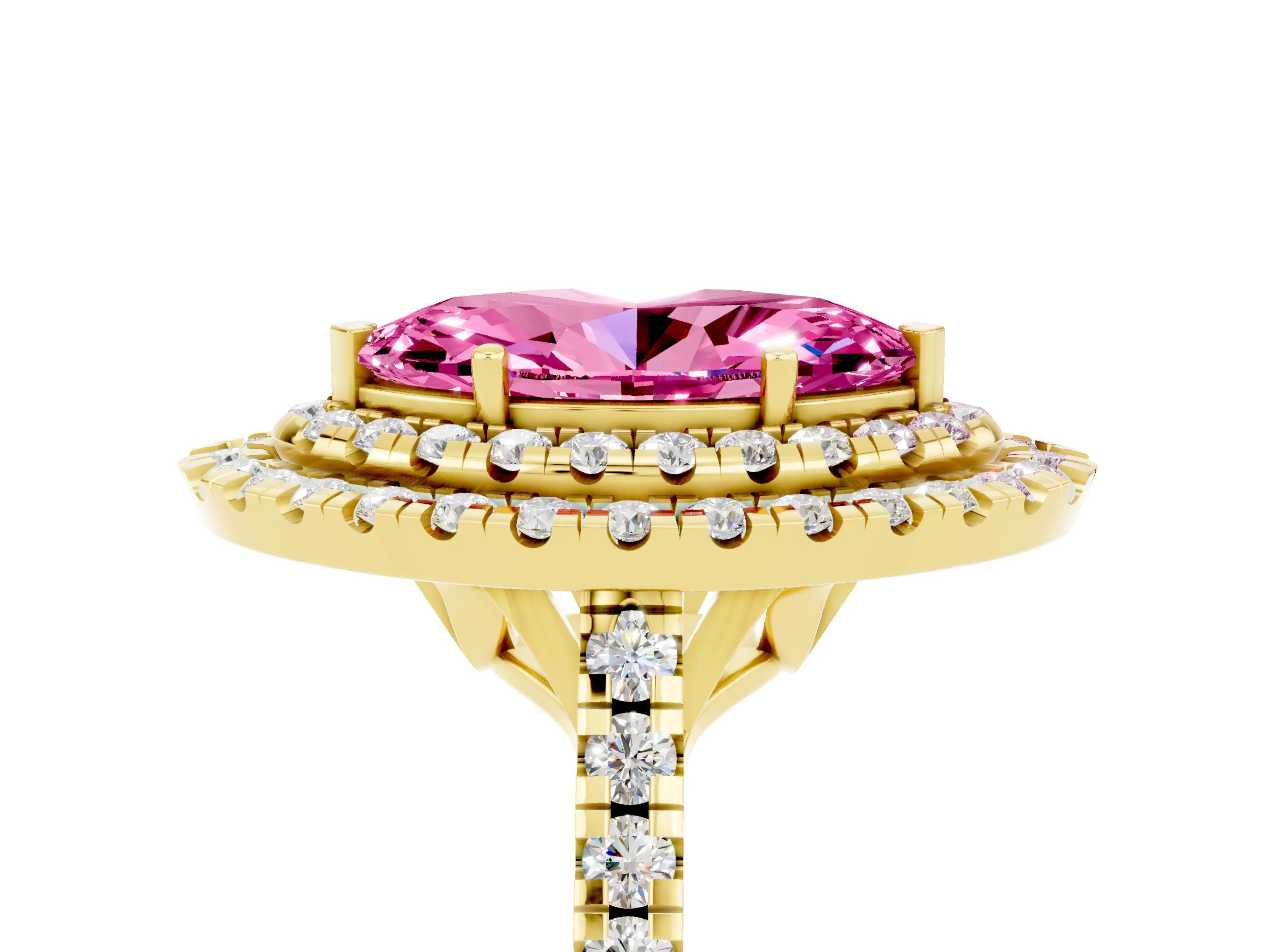 Yellow gold Double Halo Marquise Cut Pink Sapphire Pavé Band with Four-Prong Setting_29