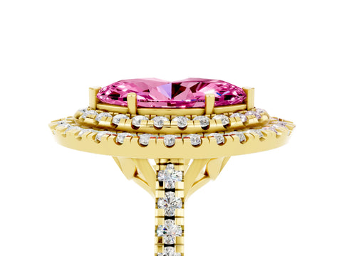Yellow gold Double Halo Marquise Cut Pink Sapphire Pavé Band with Four-Prong Setting_29