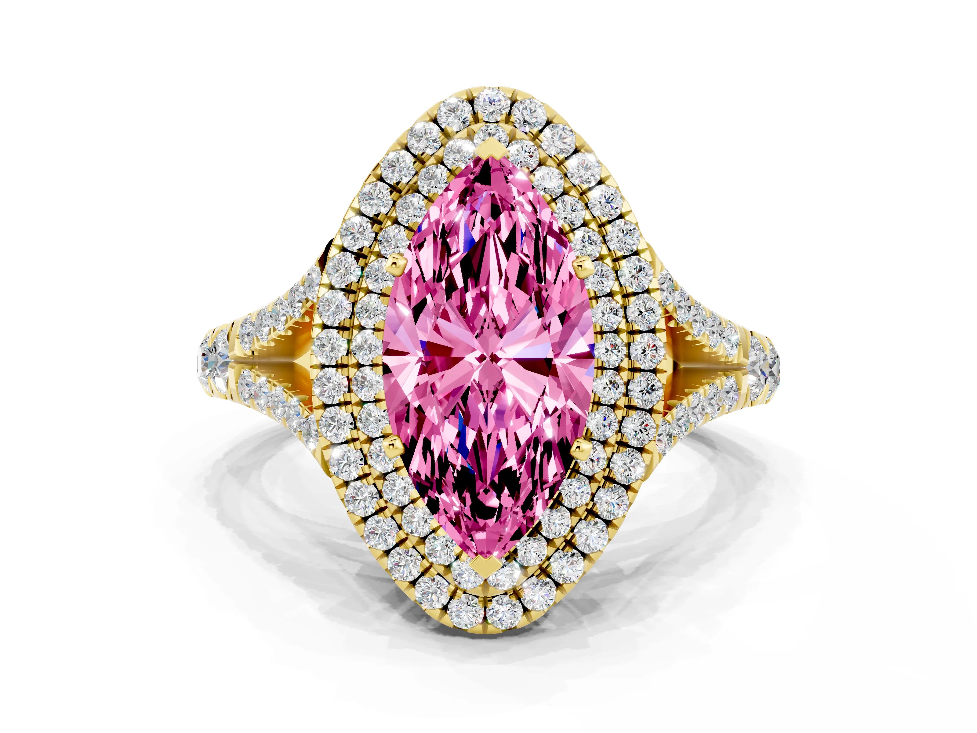 Yellow gold Double Halo Marquise Cut Pink Sapphire Pavé Split Shank Ring with Prong Setting