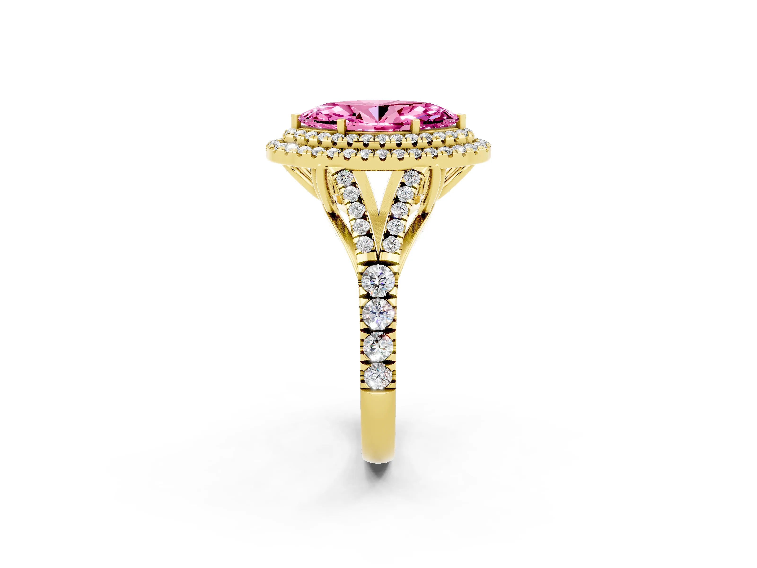 Yellow gold Double Halo Marquise Cut Pink Sapphire Pavé Split Shank Ring with Prong Setting_2