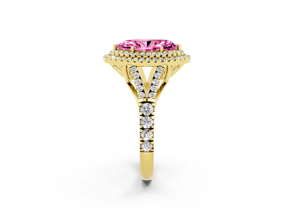 Yellow gold Double Halo Marquise Cut Pink Sapphire Pavé Split Shank Ring with Prong Setting
