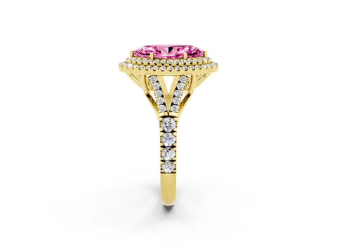 Yellow gold Double Halo Marquise Cut Pink Sapphire Pavé Split Shank Ring with Prong Setting_2