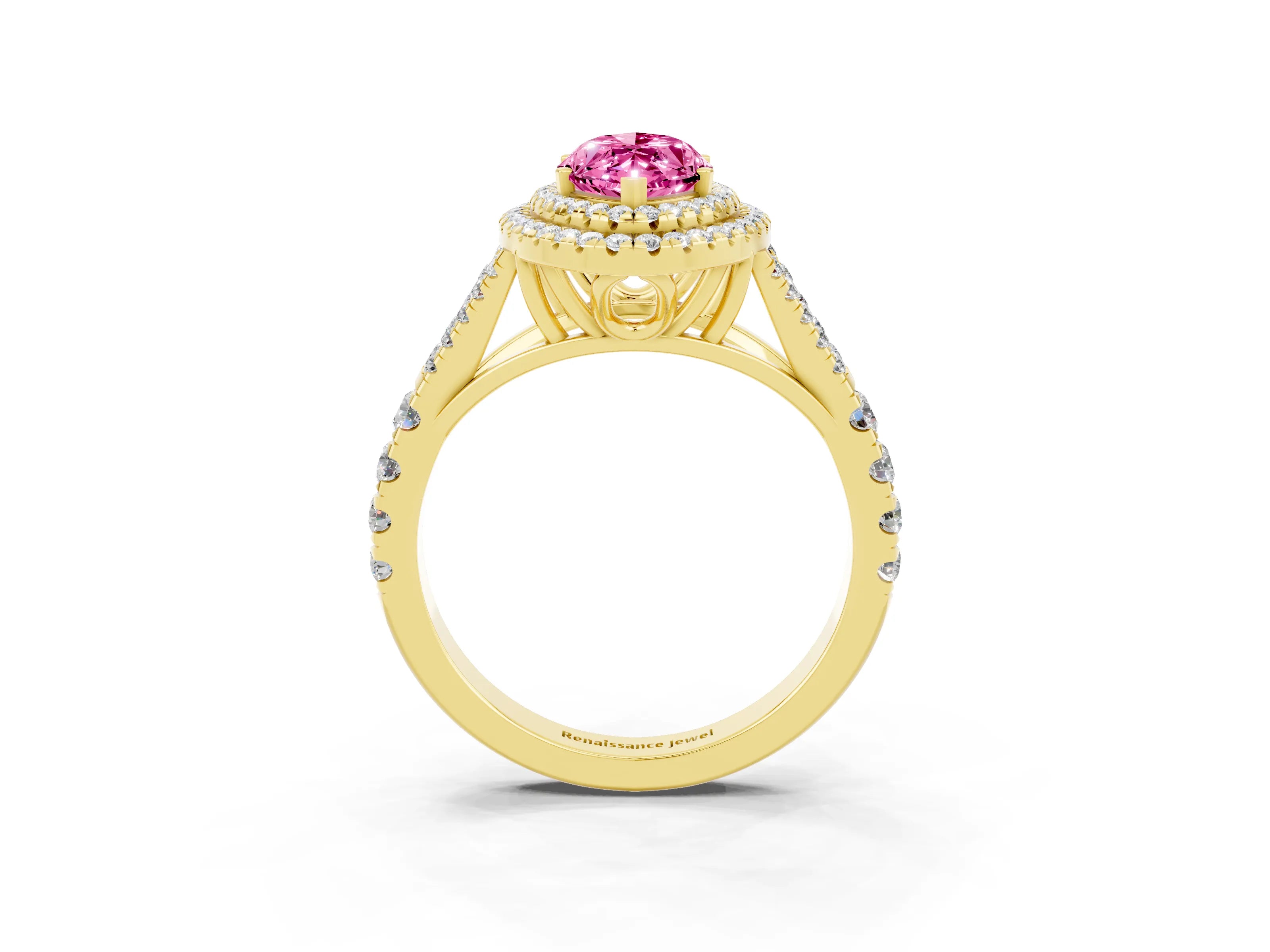 Yellow gold Double Halo Marquise Cut Pink Sapphire Pavé Split Shank Ring with Prong Setting_3