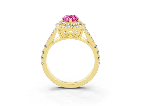 Yellow gold Double Halo Marquise Cut Pink Sapphire Pavé Split Shank Ring with Prong Setting