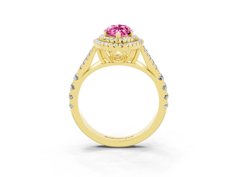 Yellow gold Double Halo Marquise Cut Pink Sapphire Pavé Split Shank Ring with Prong Setting_3