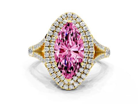 Yellow gold Double Halo Marquise Cut Pink Sapphire Pavé Split Shank Ring with Prong Setting
