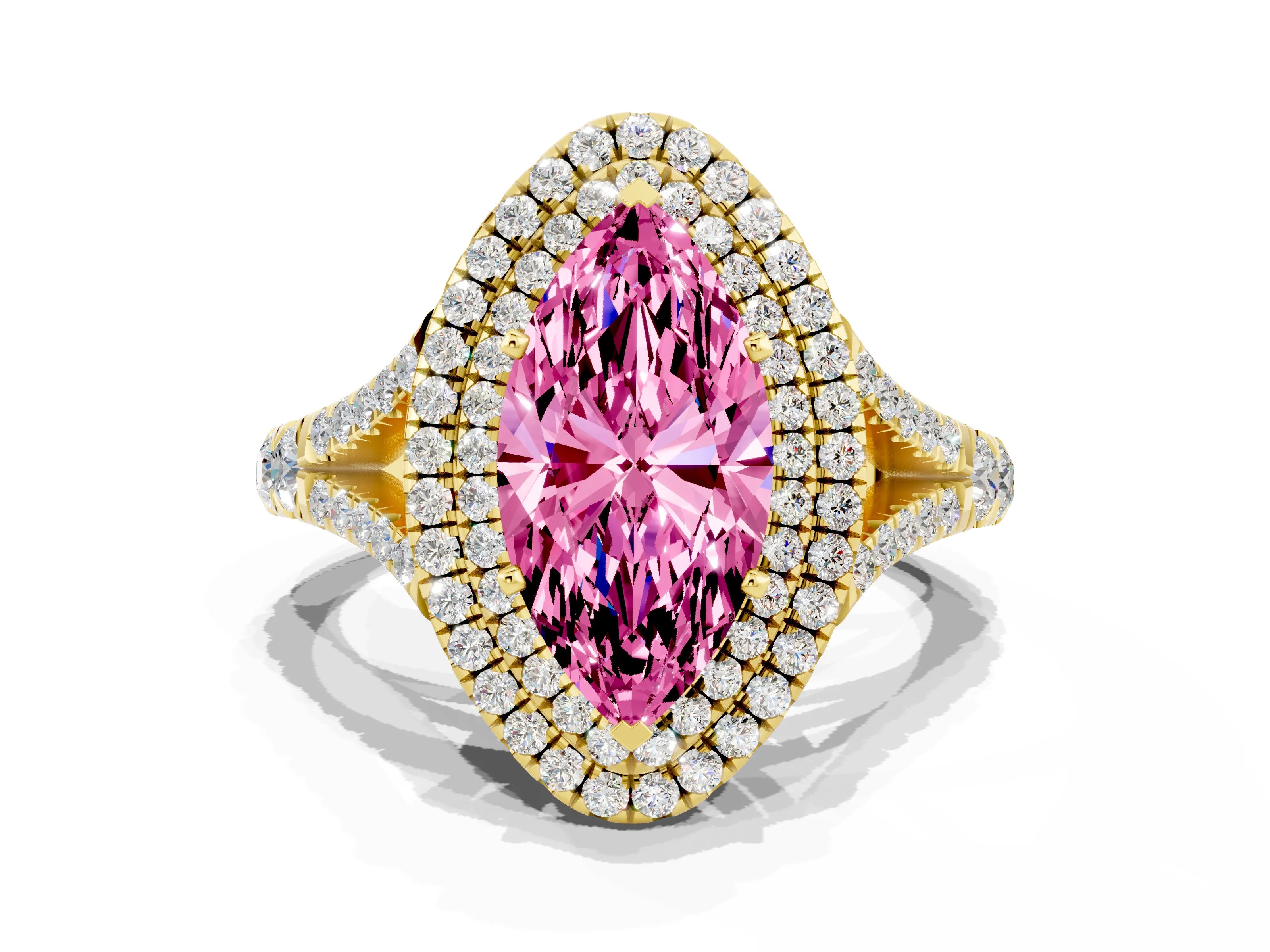 Yellow gold Double Halo Marquise Cut Pink Sapphire Split Shank Engagement Ring with Four-Prong Setting