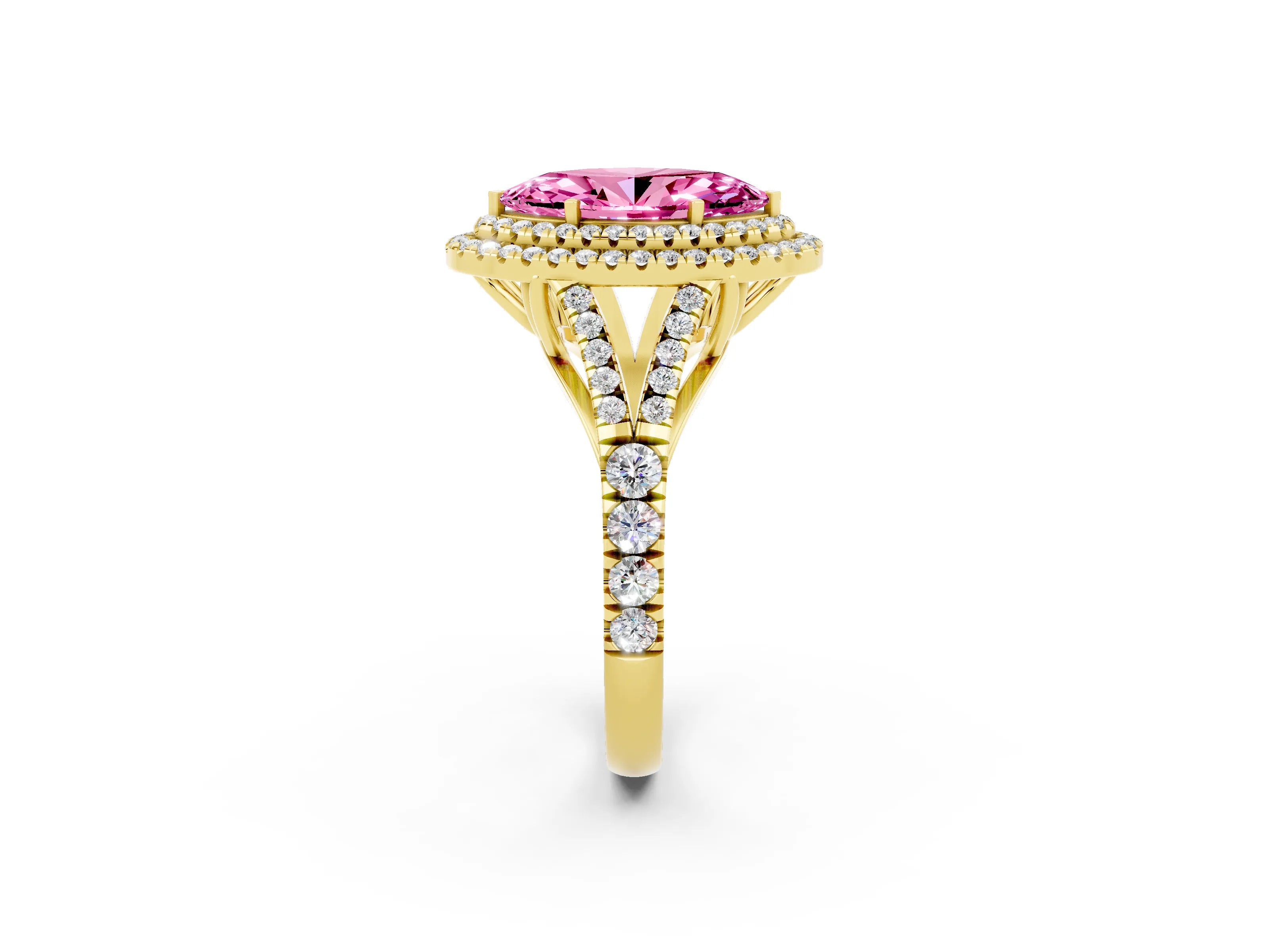 Yellow gold Double Halo Marquise Cut Pink Sapphire Split Shank Engagement Ring with Four-Prong Setting_2