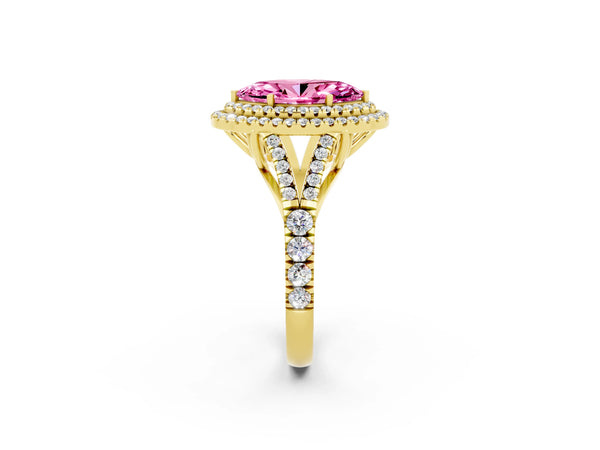 Yellow gold Double Halo Marquise Cut Pink Sapphire Split Shank Engagement Ring with Four-Prong Setting