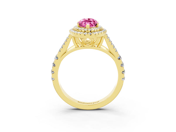 Yellow gold Double Halo Marquise Cut Pink Sapphire Split Shank Engagement Ring with Four-Prong Setting