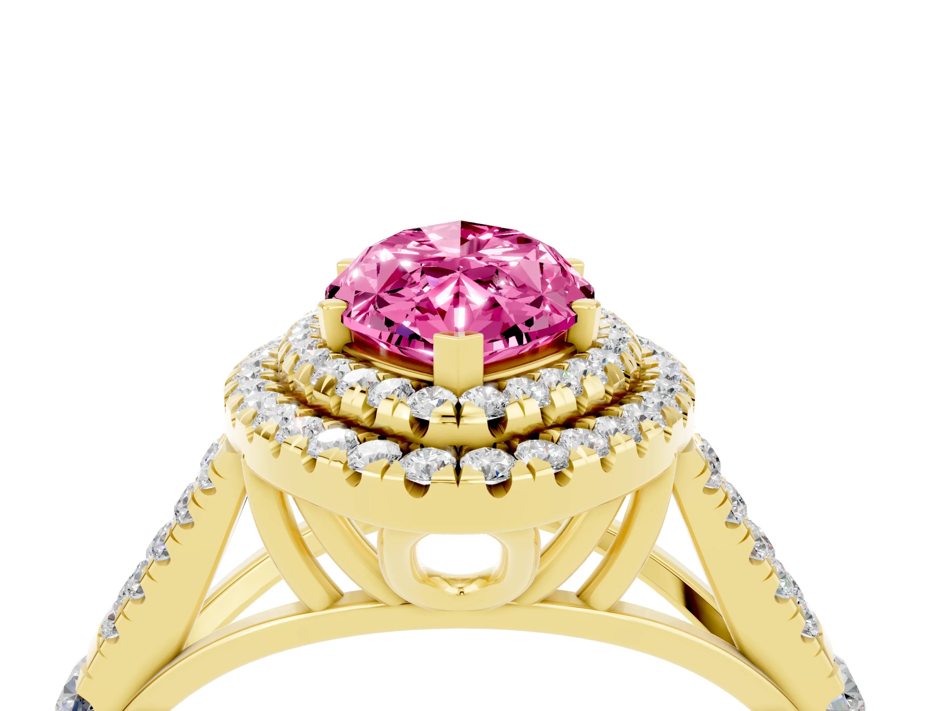 Yellow gold Double Halo Marquise Cut Pink Sapphire Split Shank Engagement Ring with Four-Prong Setting_4