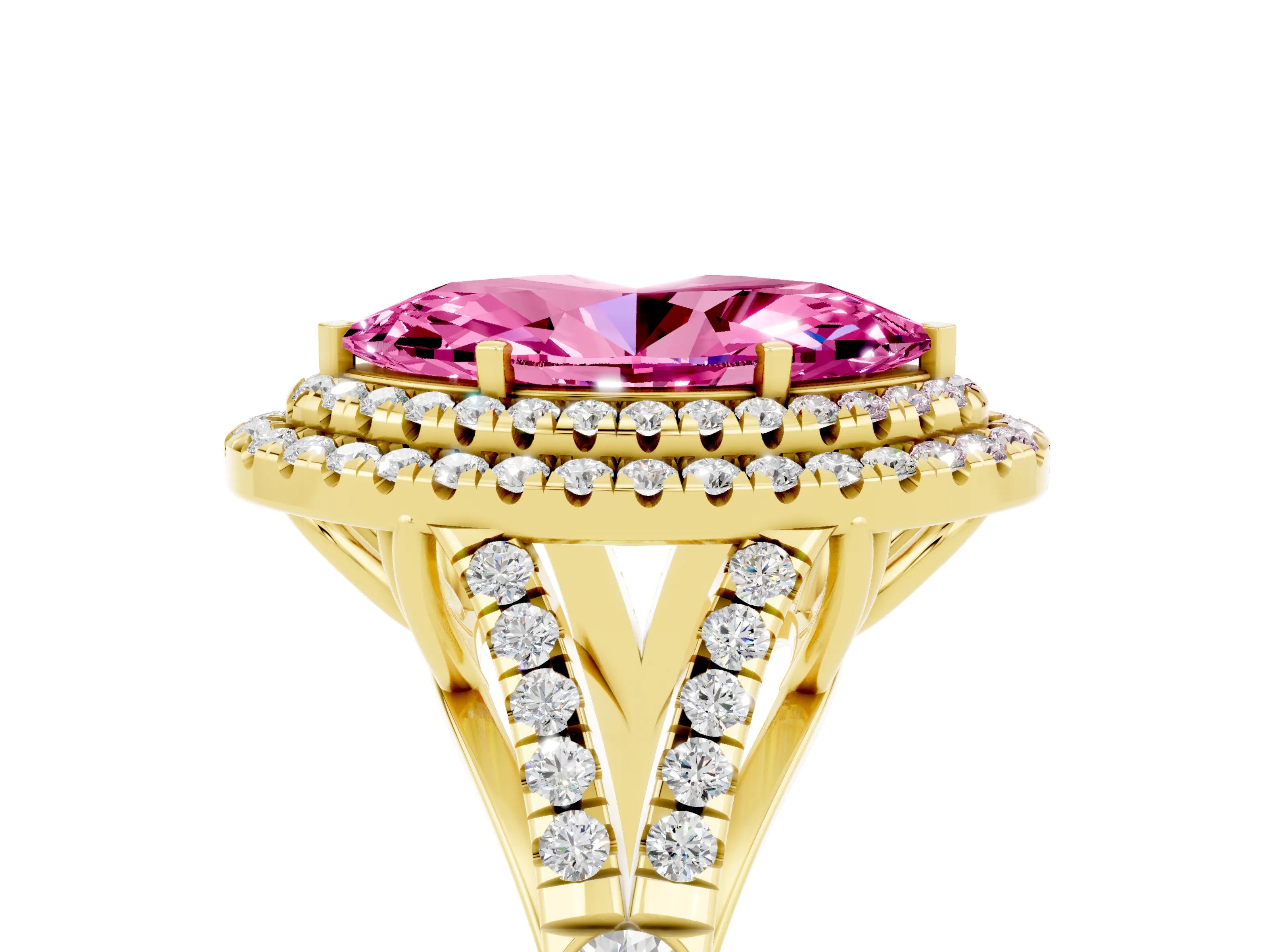 Yellow gold Double Halo Marquise Cut Pink Sapphire Split Shank Engagement Ring with Four-Prong Setting_5