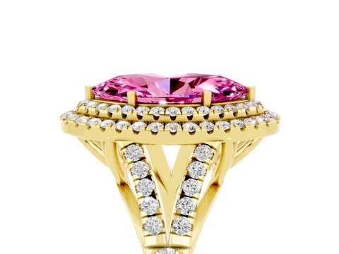 Yellow gold Double Halo Marquise Cut Pink Sapphire Split Shank Engagement Ring with Four-Prong Setting_5