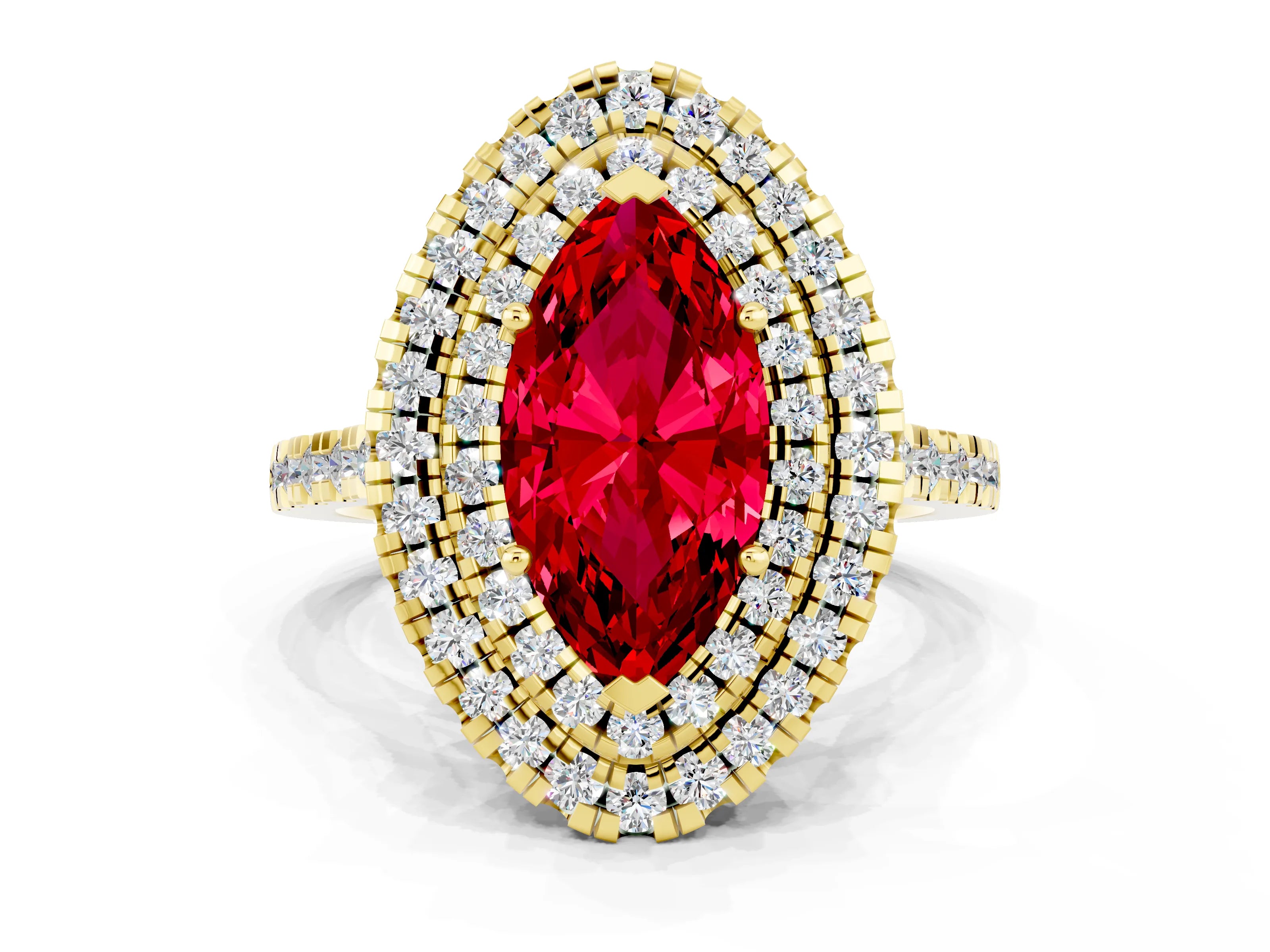 Yellow gold Double Halo Marquise Cut Ruby Pavé Band with Four-Prong Setting