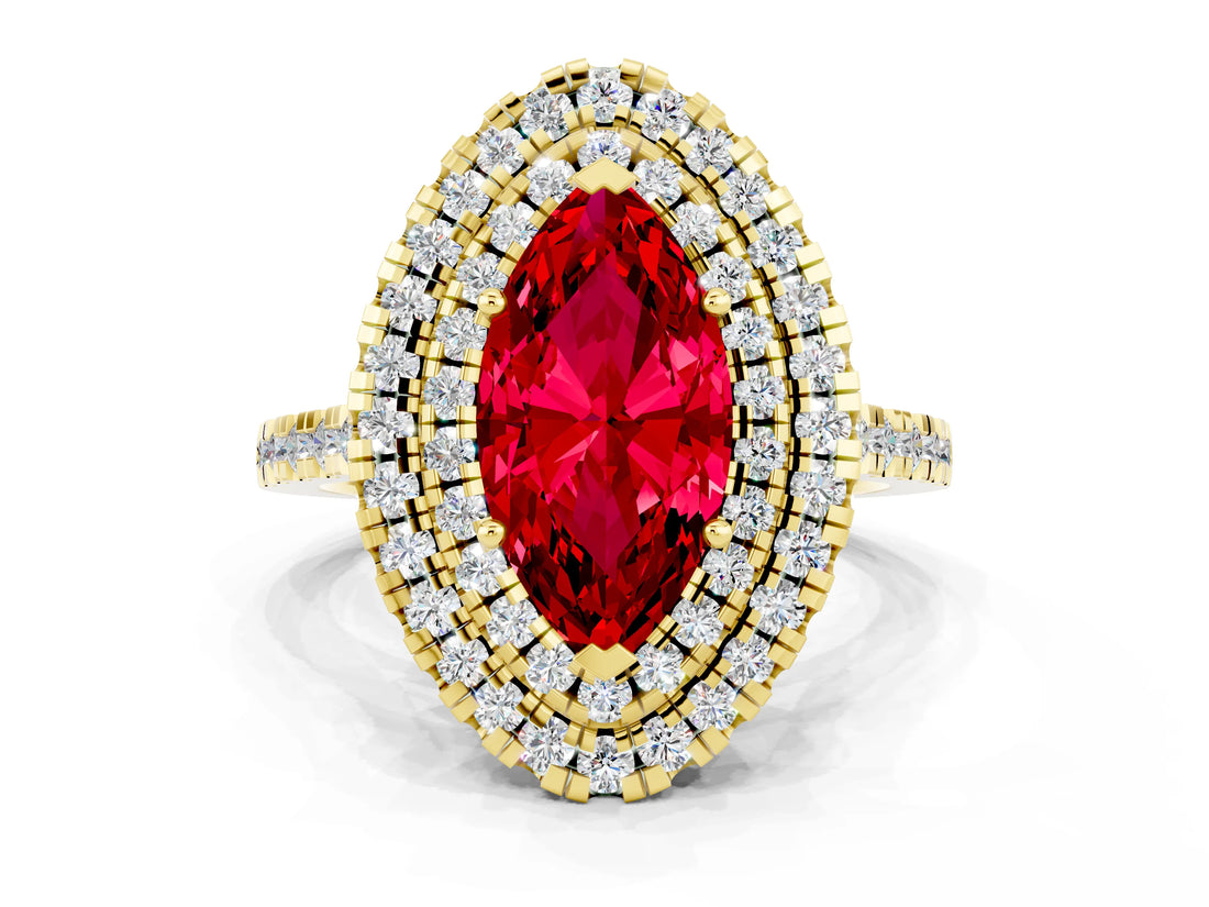 Yellow gold Double Halo Marquise Cut Ruby Pavé Band with Four-Prong Setting