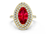 Yellow gold Double Halo Marquise Cut Ruby Pavé Band with Four-Prong Setting