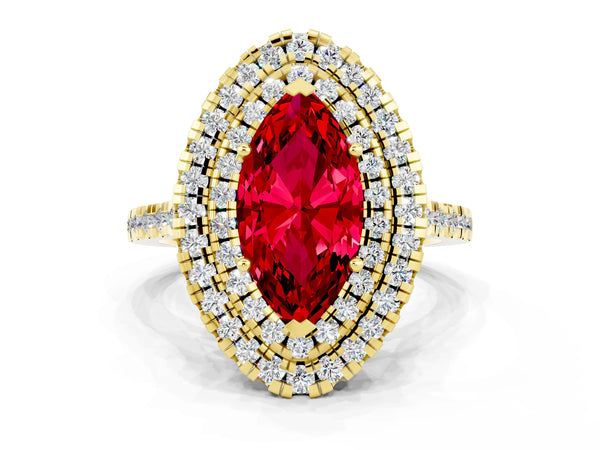Yellow gold Double Halo Marquise Cut Ruby Pavé Band with Four-Prong Setting