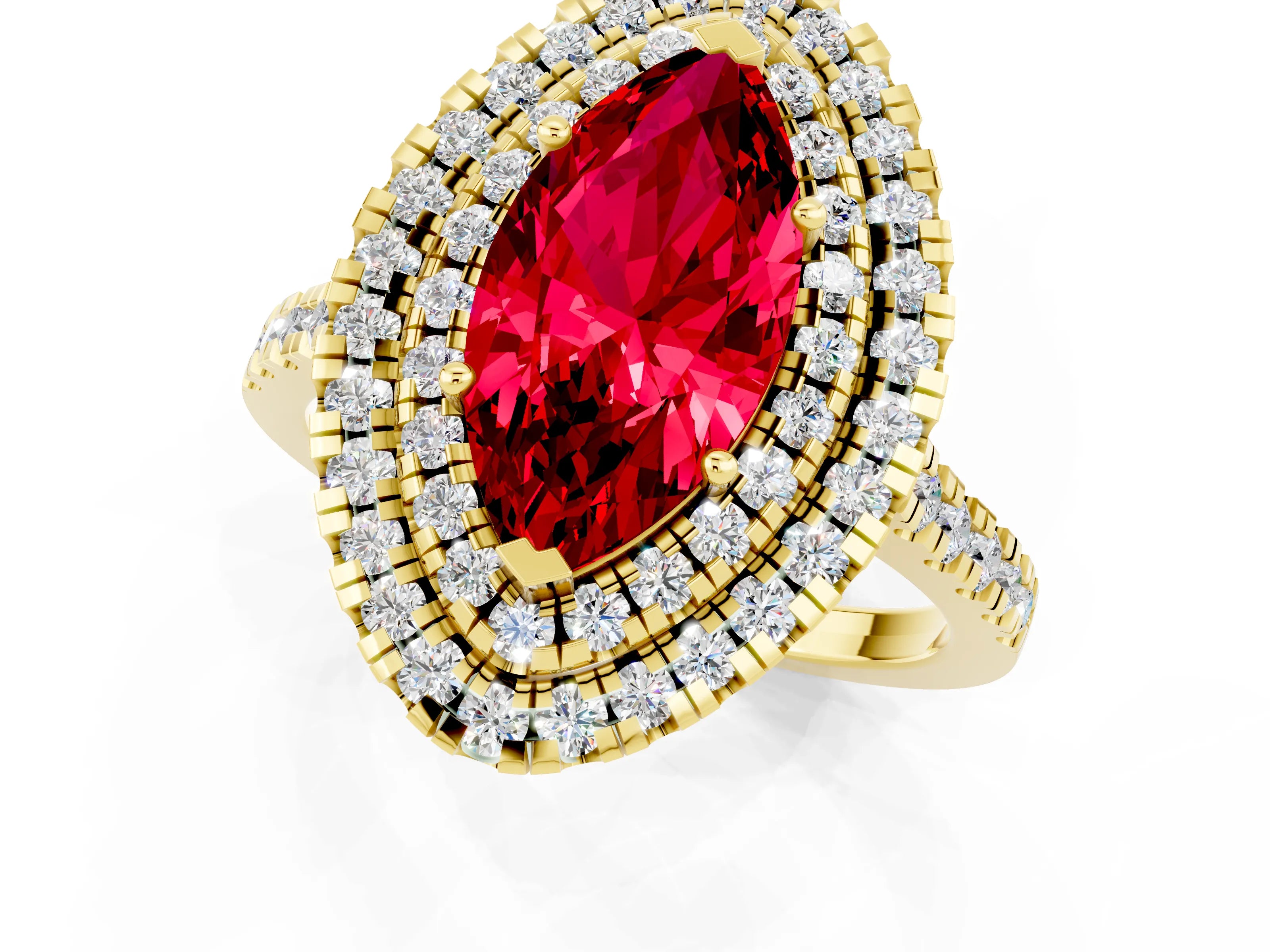Yellow gold Double Halo Marquise Cut Ruby Pavé Band with Four-Prong Setting_1