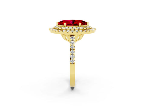 Yellow gold Double Halo Marquise Cut Ruby Pavé Band with Four-Prong Setting_2