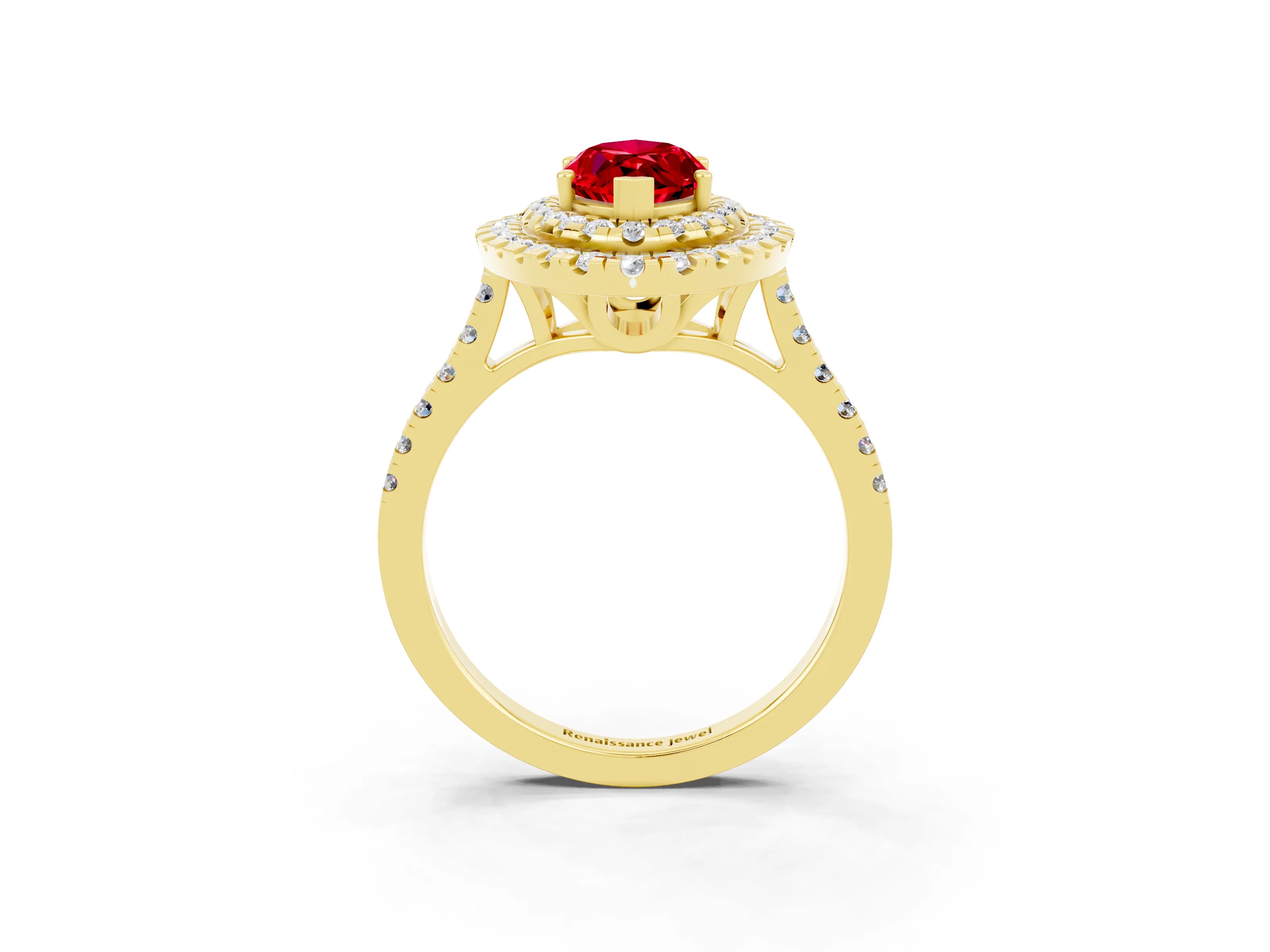 Yellow gold Double Halo Marquise Cut Ruby Pavé Band with Four-Prong Setting_3