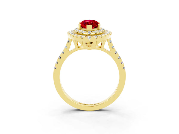 Yellow gold Double Halo Marquise Cut Ruby Pavé Band with Four-Prong Setting