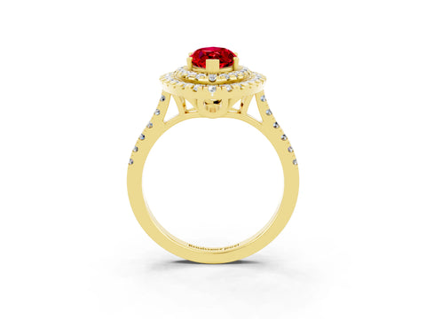 Yellow gold Double Halo Marquise Cut Ruby Pavé Band with Four-Prong Setting_3