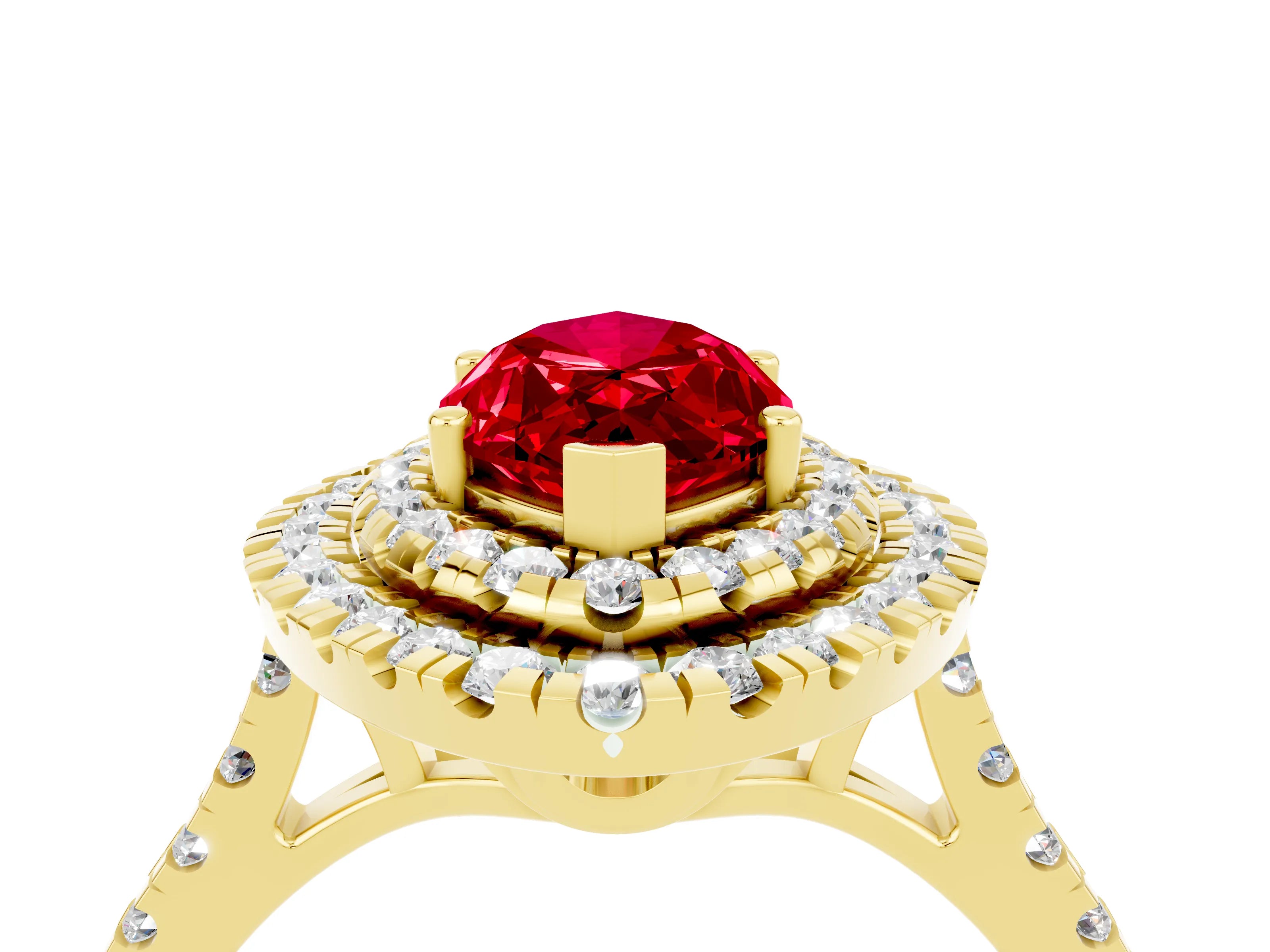 Yellow gold Double Halo Marquise Cut Ruby Pavé Band with Four-Prong Setting_4