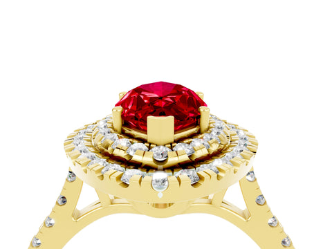 Yellow gold Double Halo Marquise Cut Ruby Pavé Band with Four-Prong Setting_4