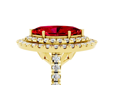 Yellow gold Double Halo Marquise Cut Ruby Pavé Band with Four-Prong Setting_5