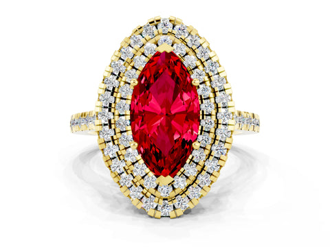 Yellow gold Double Halo Marquise Cut Ruby Pavé Band with Four-Prong Setting