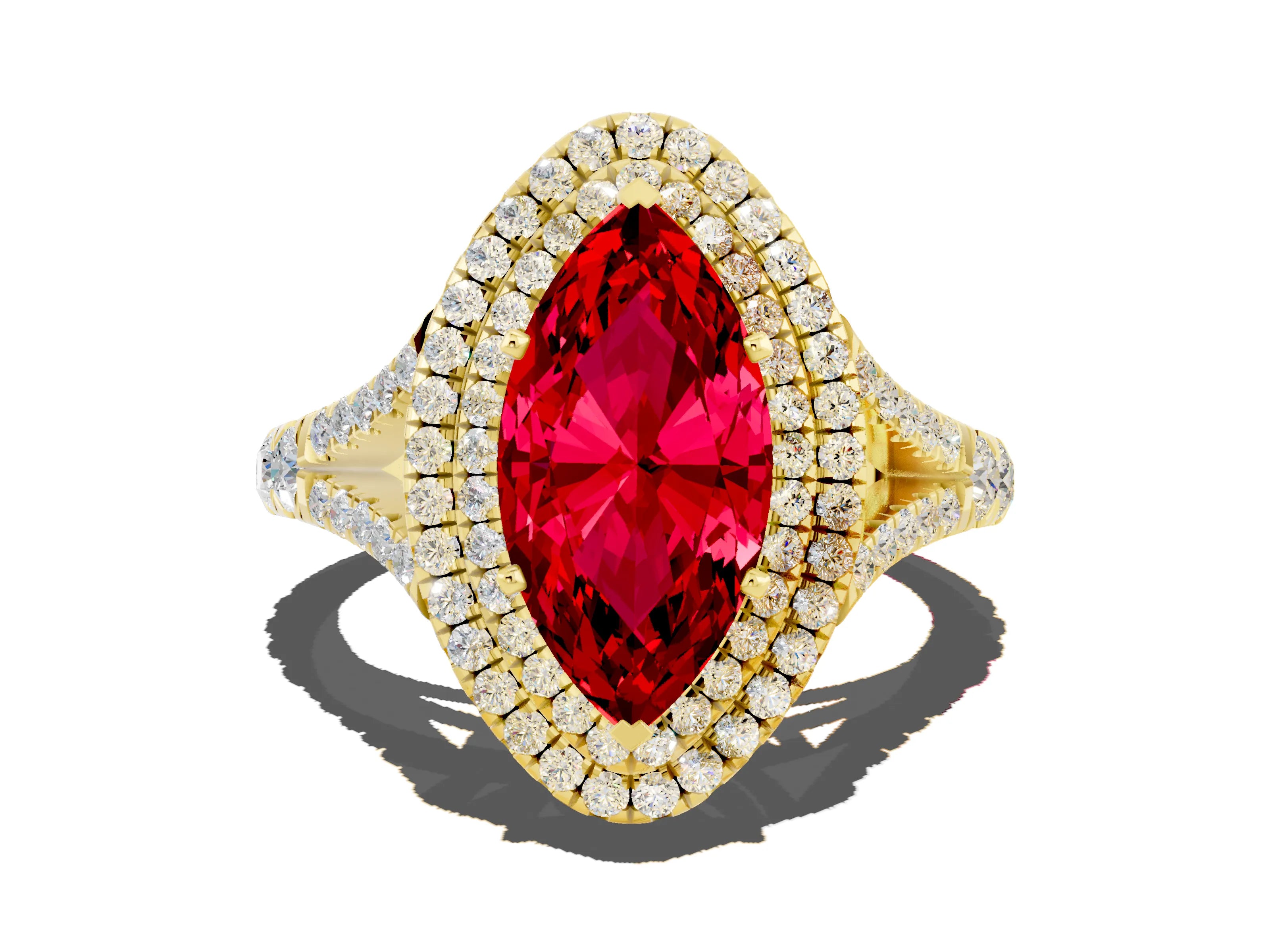 Yellow gold Double Halo Marquise Cut Ruby Pavé Split Shank Ring with Prong Setting