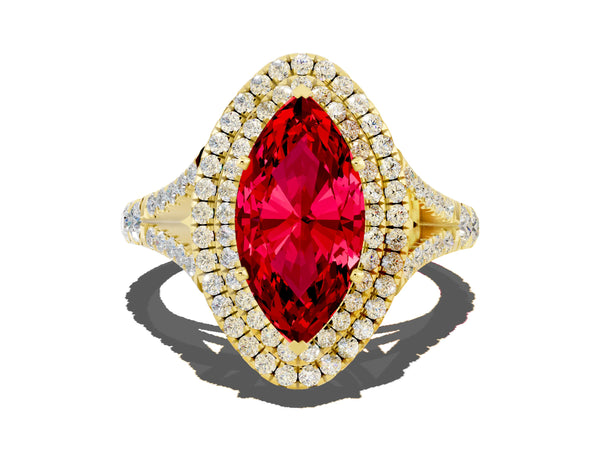 Yellow gold Double Halo Marquise Cut Ruby Pavé Split Shank Ring with Prong Setting