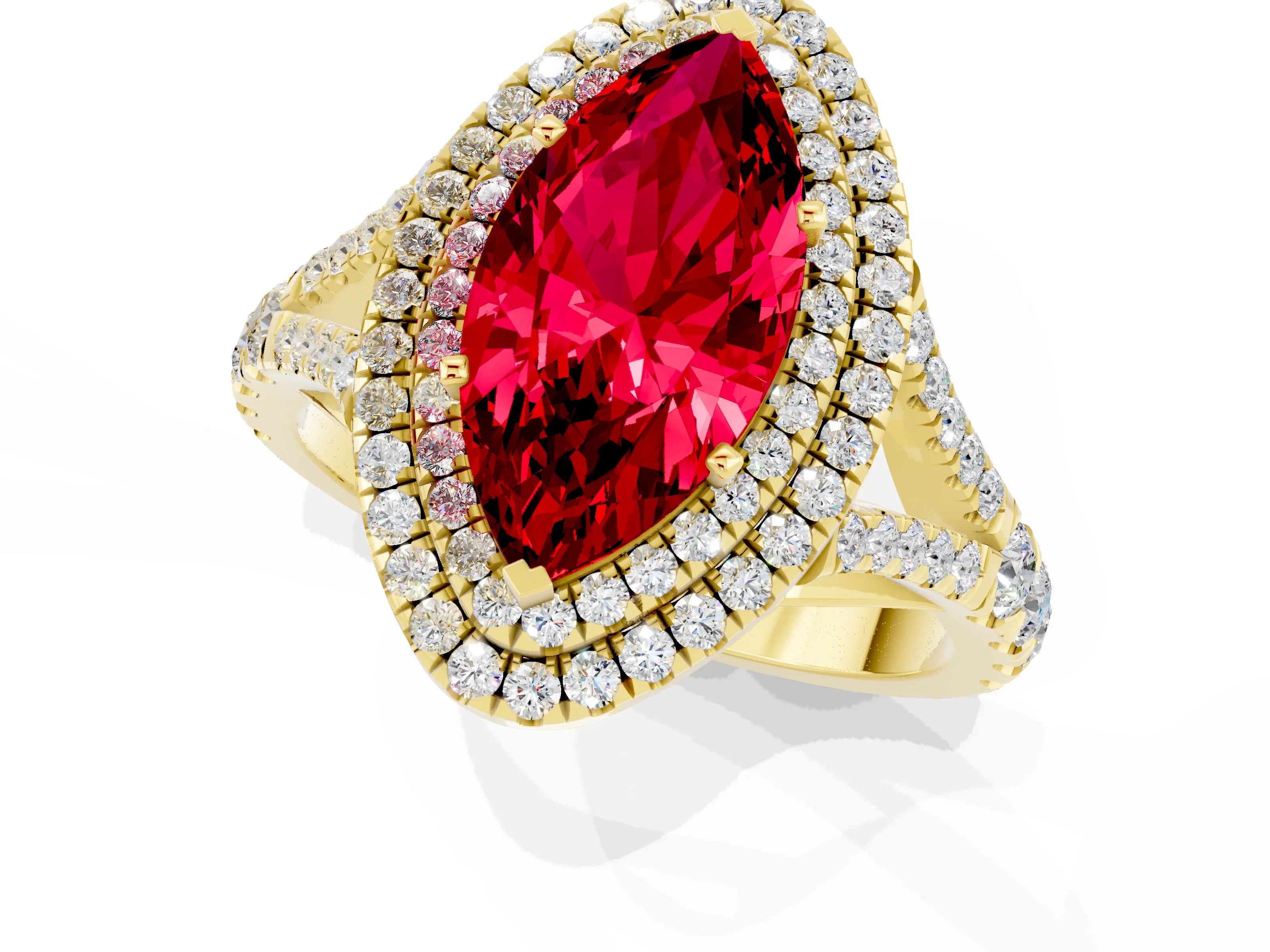 Yellow gold Double Halo Marquise Cut Ruby Pavé Split Shank Ring with Prong Setting_1