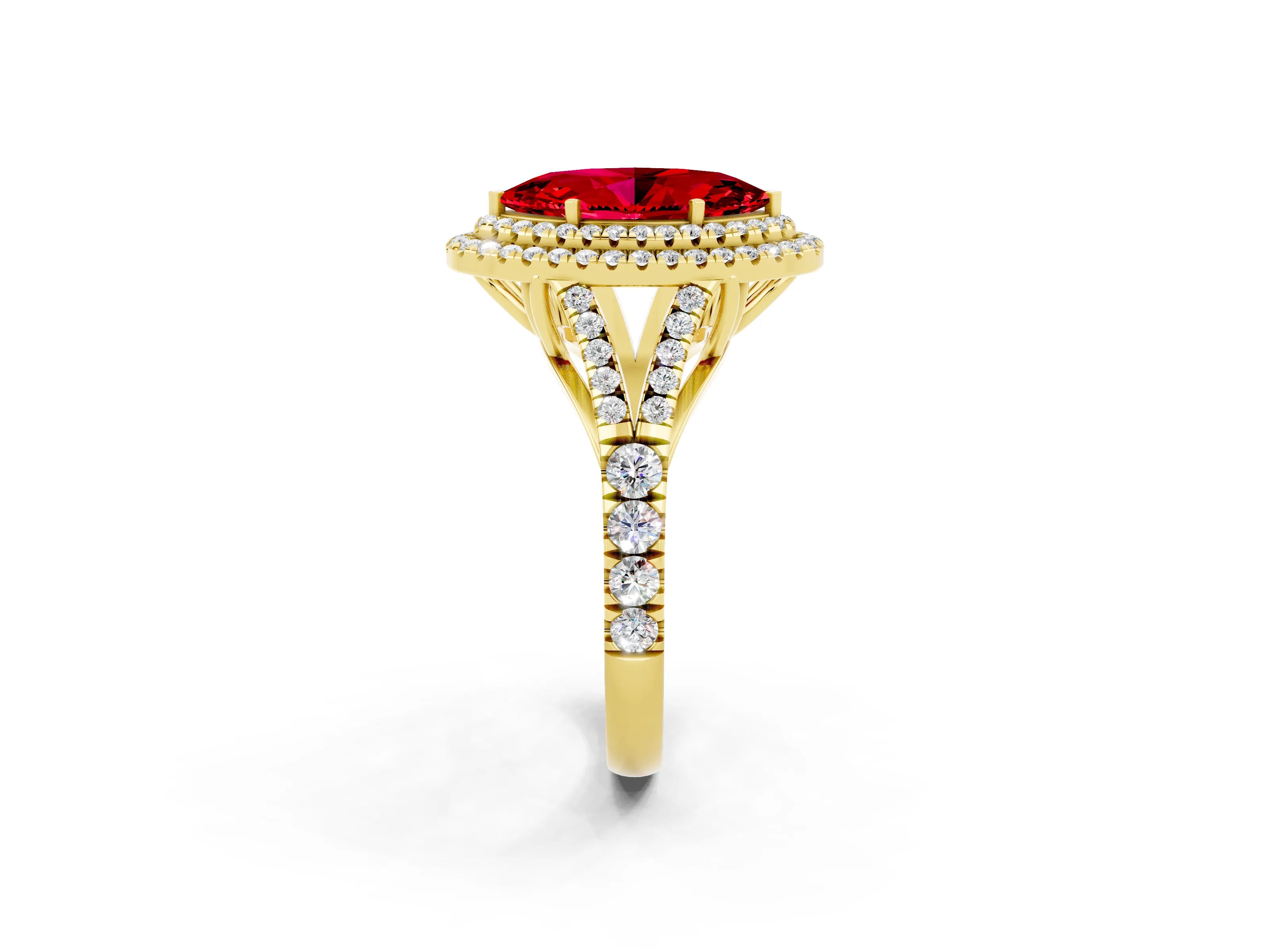 Yellow gold Double Halo Marquise Cut Ruby Pavé Split Shank Ring with Prong Setting_2